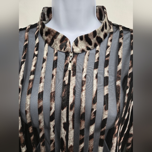 JS Collections 16 Sheer Striped Zipper Down Top Elastic Sleeve Ends Animal Print - Picture 2 of 7